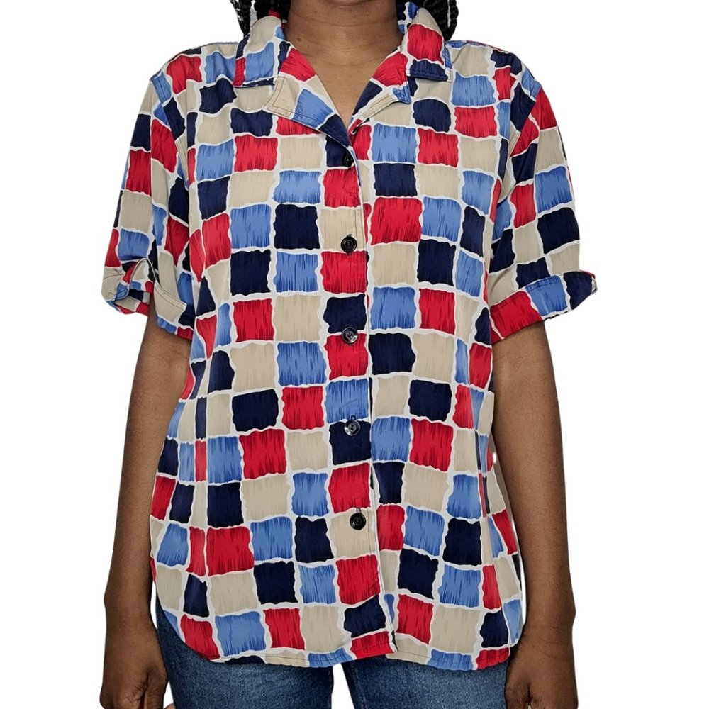 Erin London Red Blue Cream Button Down Shirt